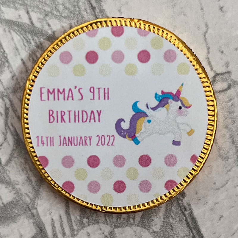 Personalised Child Unicorn Theme Chocolate Coins